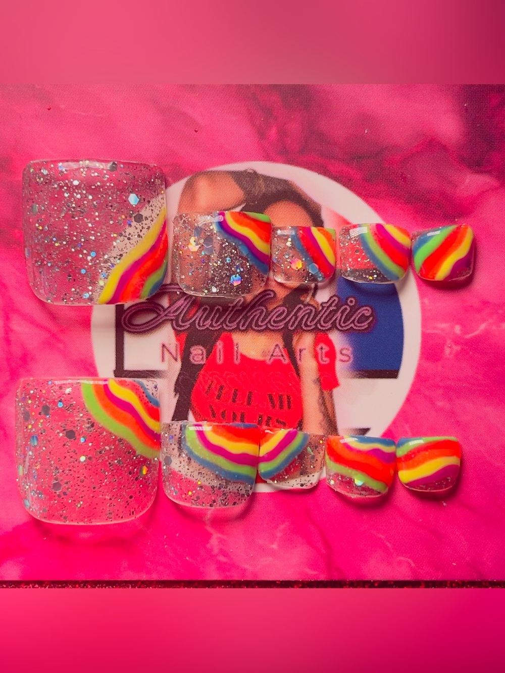Rainbow Glitter Press-On Nails - Pink